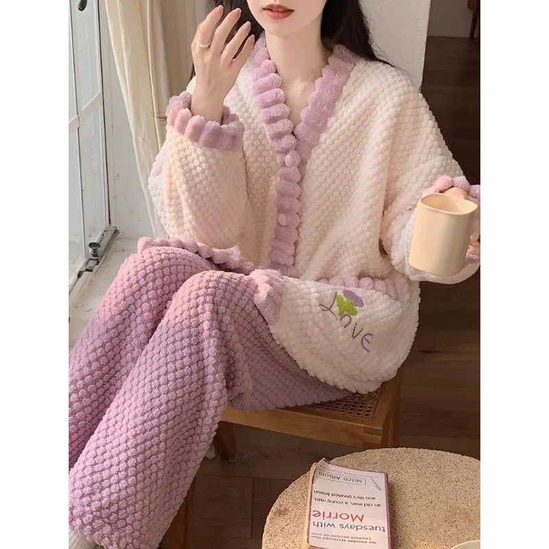 Коралловые бархатные пижамы женские осень/зима 2024 новый флисовый утепленный