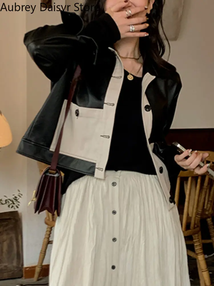 Korean Cropped Leather Jacket Women Vintage Streetwear Pockets Women's Autumn Jacket High Street Y2K Chic Faux Fur Coat 2021 New