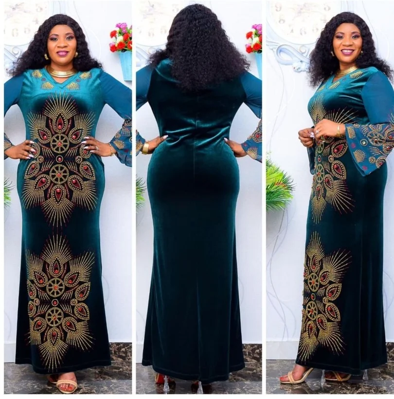 

Velvet African Dresses For Women Design Dashiki Beading Abaya Bandage Maxi Bazin Vintage Robe Gowns Africa Sexy Lady Party Dress