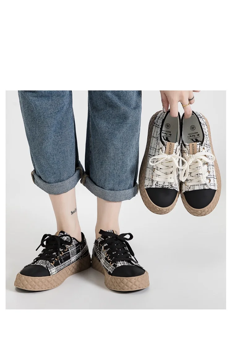 

Кеды женские клетчатые, модные холщовые кроссовки, на плоской подошве, со шнуровкой, для студентов, черные, на все сезоны