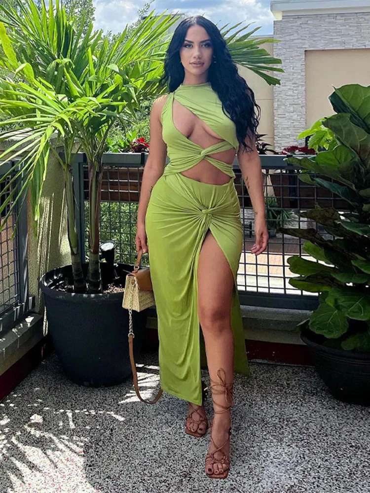 

New Sleeveless Hollow Out Midi Women Dress Beach Sexy Green Split 2022 Bandage Club Summer Bodycon Irregular Dresses Party