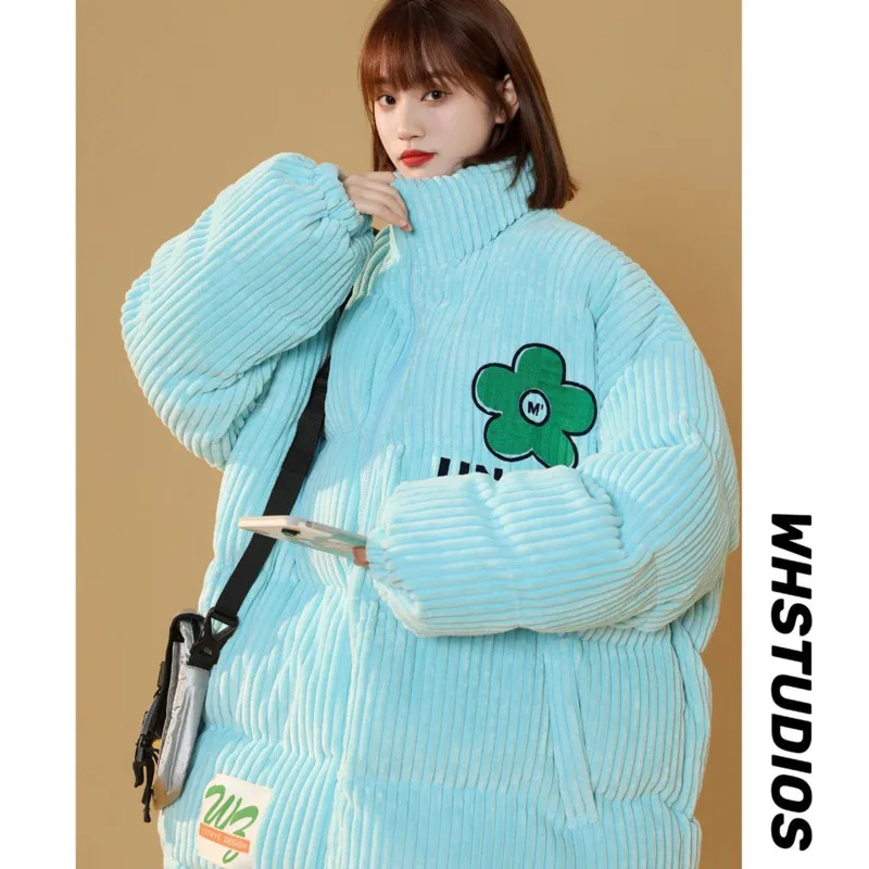 

Cotton Padded Jacket Female 2022 Winter Thickened Corduroy Japanese Retro Design Sense Flower Embroidery Stand Collar Loose Coat