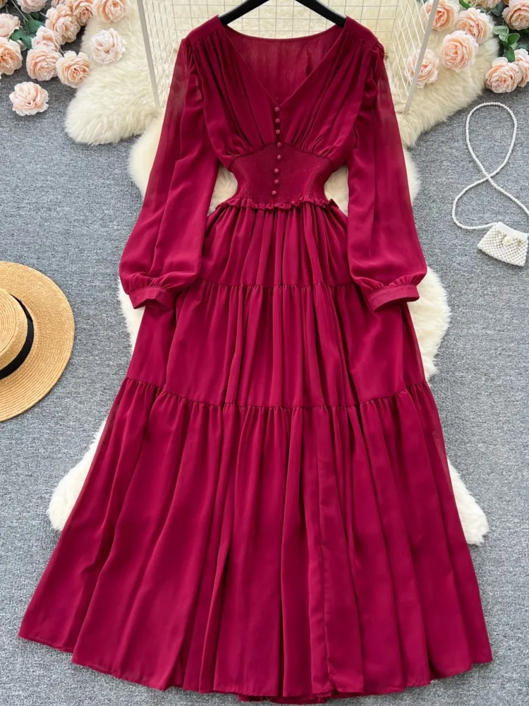 Women Autumn Casual A-Line Solid Midi Party Dresses Elegant and Chic Fashion New Prom Wedding Vestidos Female Robe Mujers