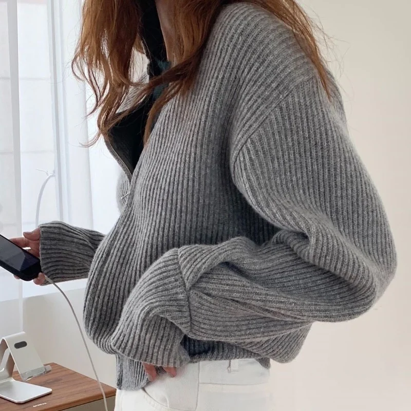 

Однотонная водолазка на молнии свободная вязаная куртка женский осенне-зимний свитер пальто женское пальто свитер теплые Универсальные То...