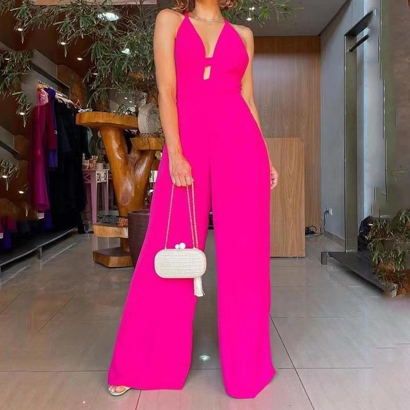 

Office Lady Deep V-neck Hollow Jumpsuits Spring Criss Cross Backless Bandage Romper Women Wide Leg Loose Pants Playsuit Overalls