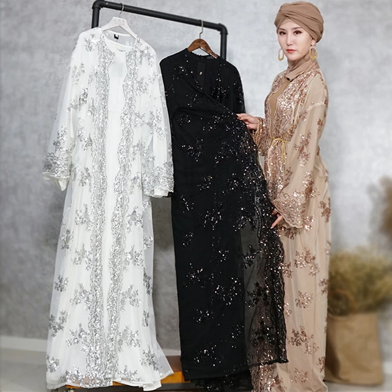 

Floral Sequin Dress Abaya Kimono Cardigan Hijab Muslim Turkish Islamic Clothing Abayas For Women Dubai Kaftan Robe Islam Caftan