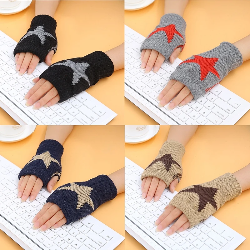 

New Winter Warm Women Boys Girl's Students Gloves Fashion Knitted Yarn 5 Star Fingerless Half Finger Gloves Children Gloves