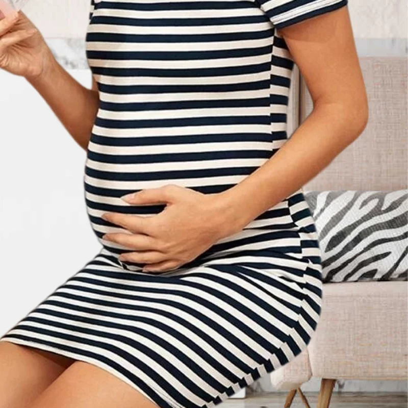 YUQIKL Women Maternity Dresses Summer Fashion Casual Cotton Stripes Short Sleeves Pregnancy Nursing Breastfeeding Clothes enlarge