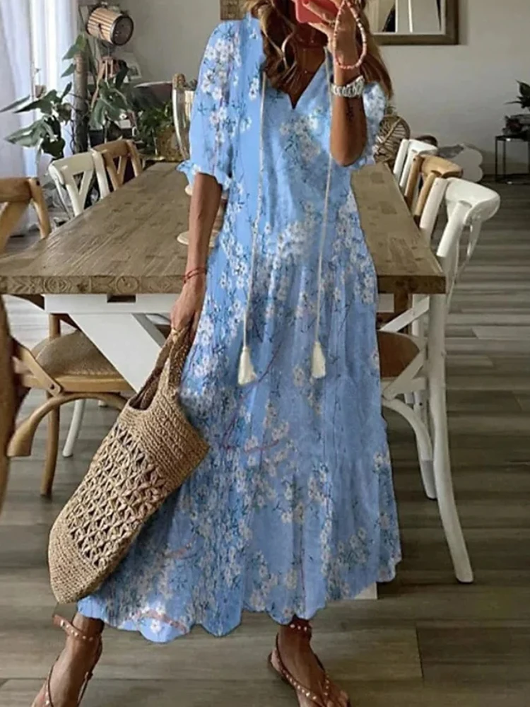 

Femme Fashion Ruffle Embroidery Boho Long Dress New 2022 Sexy Elegant Floral Print Loose Evening Dress Women Beach Maxi Dresses