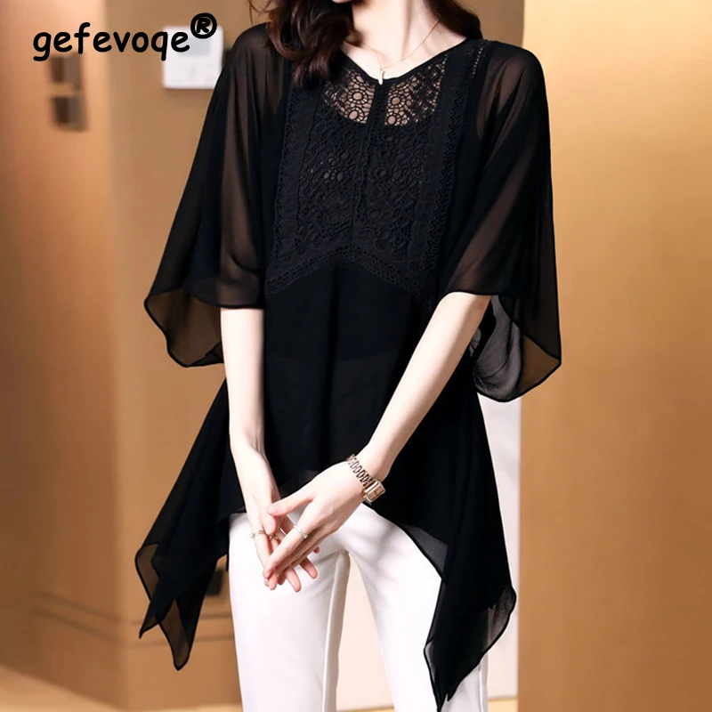 

Women Hollow Lace Patchwork Black Elegant Blouse 2023 Summer Korean Fashion Irregular Shirts Loose Tunic Tops Female Blusas Ropa