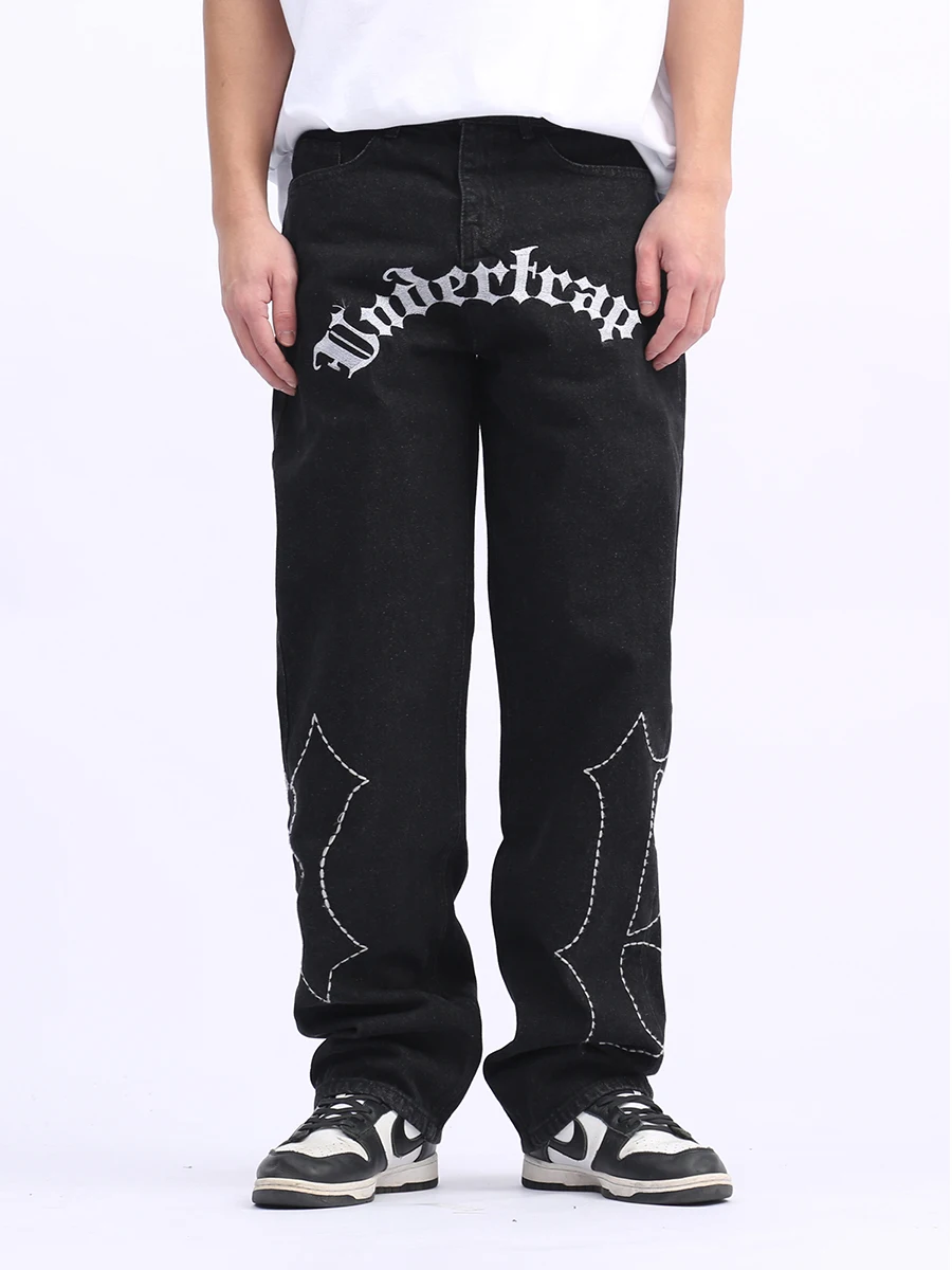 Four Seasons Jeans Men's Street Retro Embroidered Casual Pants Hip Hop Loose High Street Trend Straight Pants Ins Hot Sale JEANS