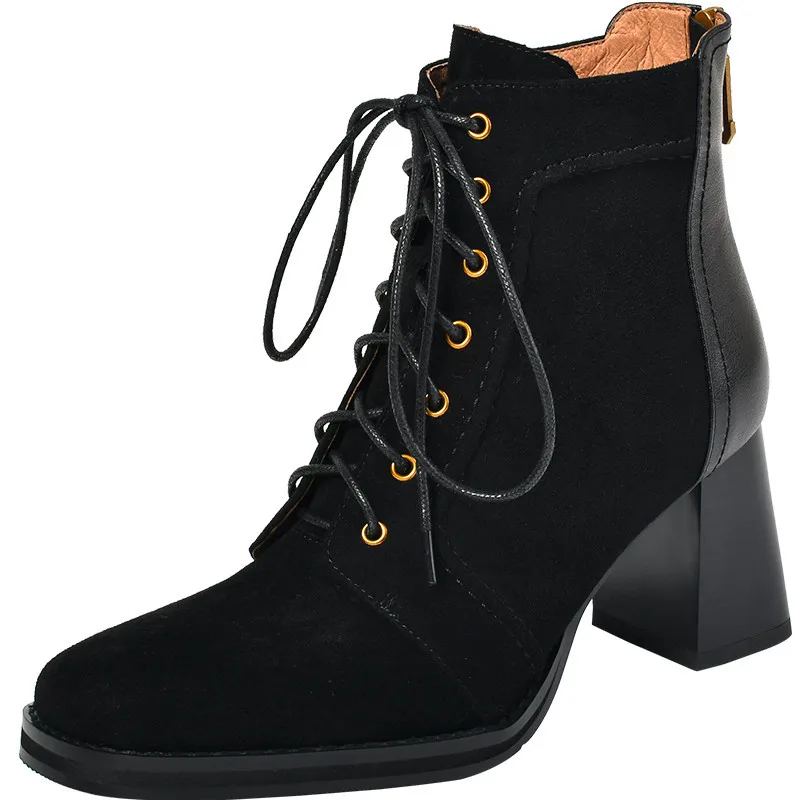 

Dilalula Autumn Winter Women Ankle Boots Mature Vintage Female Office Kid Suede Leather Thick High Heels Cross-Tied Shoes Woman