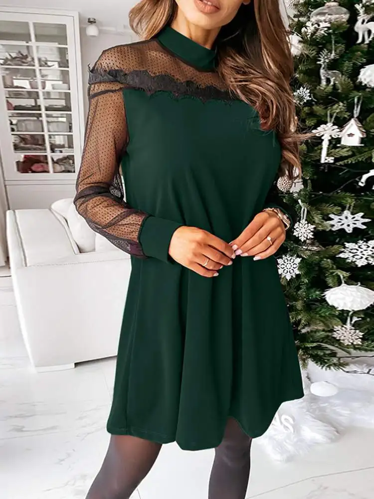 

Spring Knee Party Club Dress Casual Long Sleeve Dresses Stand Collor Sexy Lace Vestidos 2022 ZANZEA OL Sundress A-line Oversized