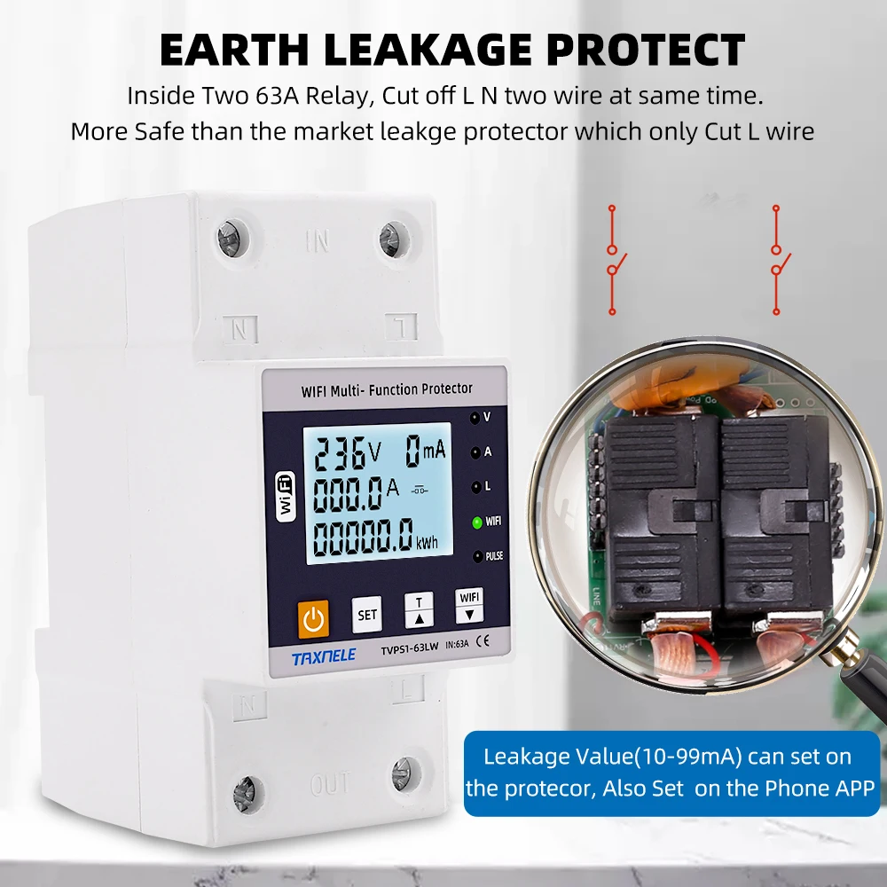 Смарт-Утечка для земли 63A TUYA WiFi защита от перенапряжения реле цепь электронная