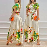 women slim printing suit summer single breasted short sleeve shirt lace up high waist irregular skirt suit women 2 piece suit