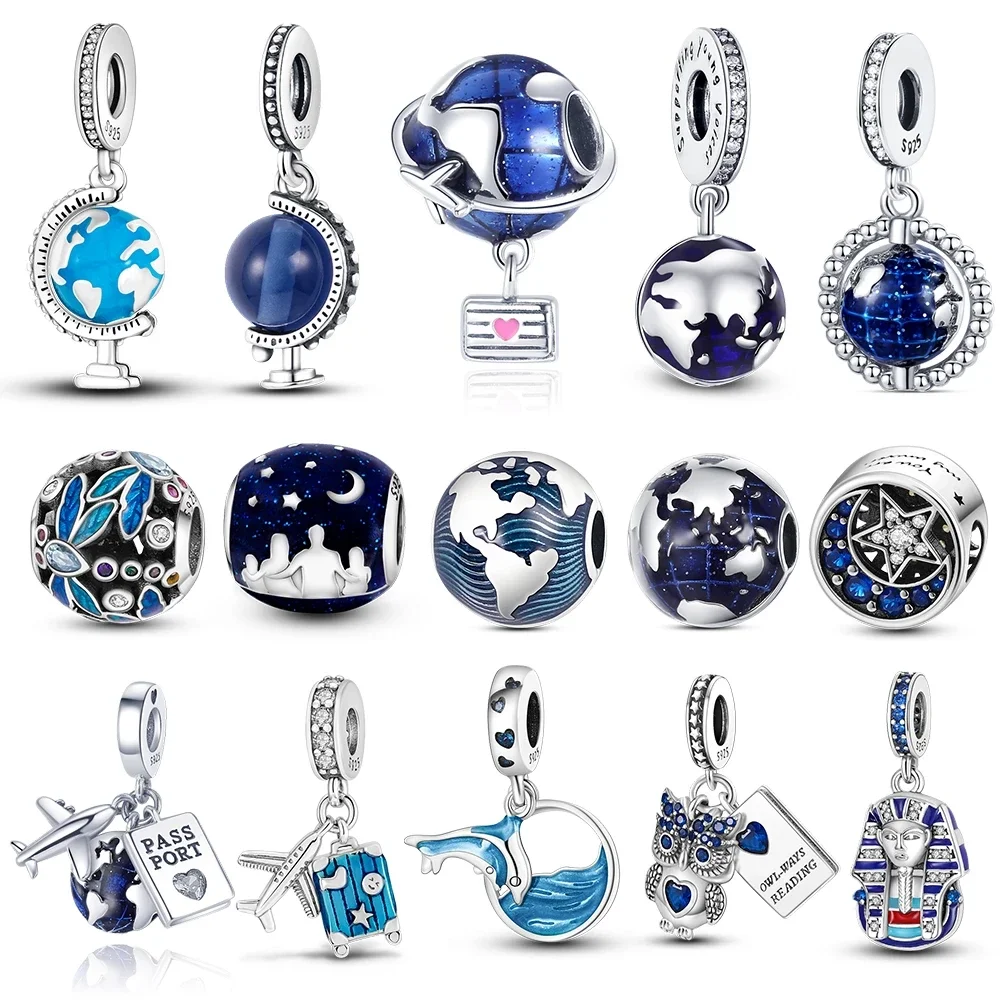 

MULA 925 Sterling Silver Blue Series World Globe Charms Earth Airplane Charms Pendant Beads Fit Original Pandora Bracelet Women