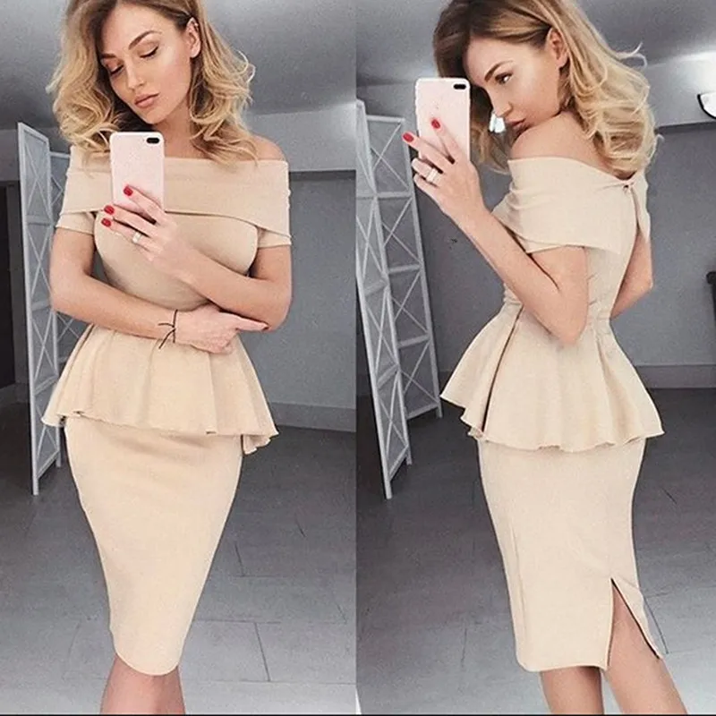 

Women Dress Elegant Sexy Slash Neck Package Hip Ruffles Dress Fromal Ol Office Work Sheath Solid Dresses Vestidos