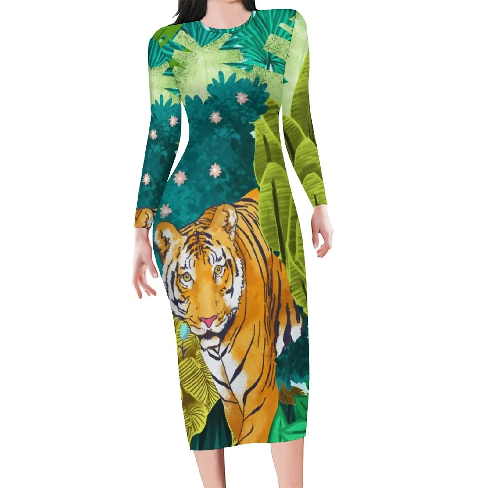 

Jungle Tiger Bodycon Dress Woman Wild Animal Retro Dresses Autumn Long Sleeve Streetwear Pattern Dress Large Size