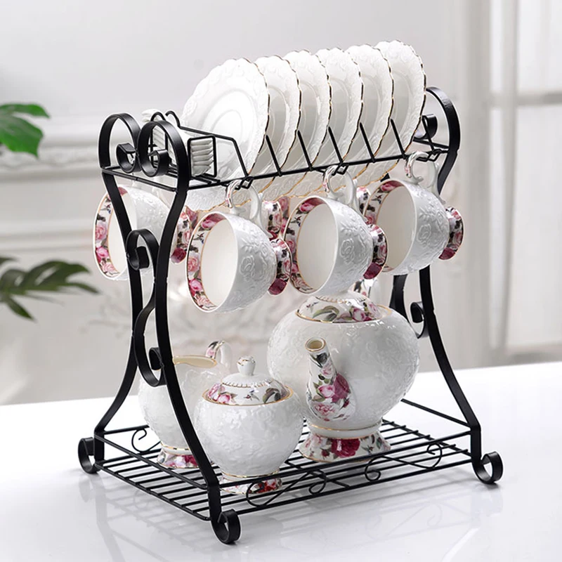 

China Teacups and Saucers Set, Porcelain Coffee Cup Set Sugar Bowl Creamer Pitcher, Floral Tea Cups Latte Cups, Set of 6