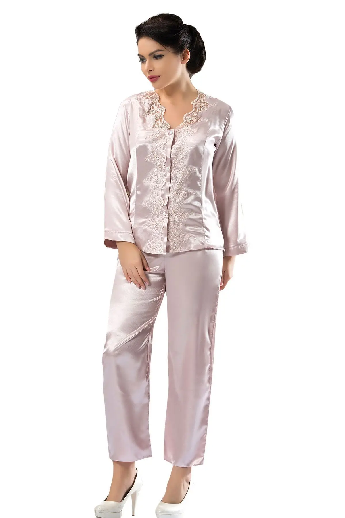 

Satin Dowries Pajamas set women home clothing long sleeve lace detail elegant design two piece set