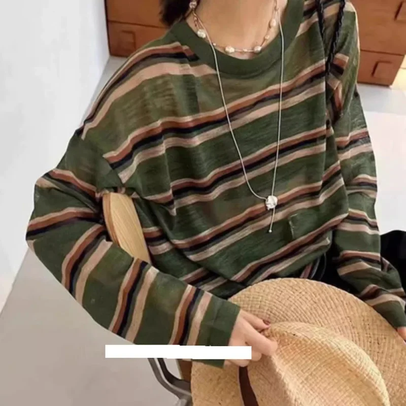 Полосатая вязаная футболка с цветными блоками женская свободная посадка из