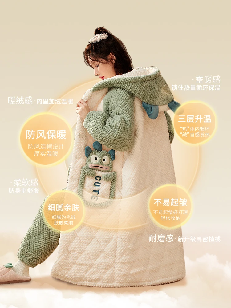 Coral Fleece Quilted Pajamas Women Winter Fleece-lined Three-Layer Warm Flannel Funny Cartoon Hood Nightgown Homewear