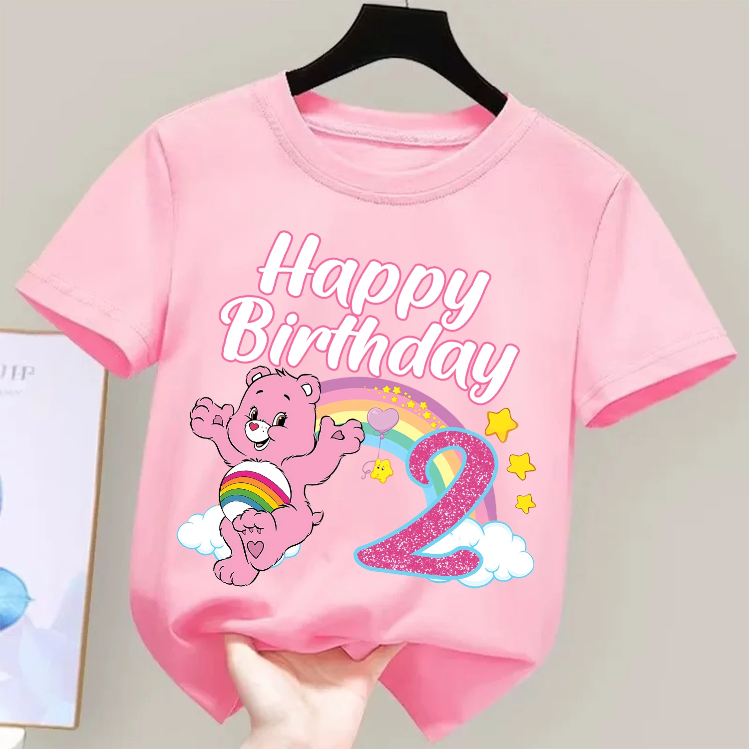 Фото Футболка с номером на день рождения Care Bears, детская футболка с круглым воротником, одежда Kawaii для девочек, детская одежда с короткими рукавами и рисунками, подарок №3