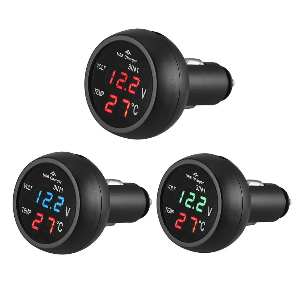 

12/24V 3 in 1 Digital Meter Monitor Car Auto LED Digital Voltmeter Gauge Thermometer Car USB Charger LCD Digital Dual Display