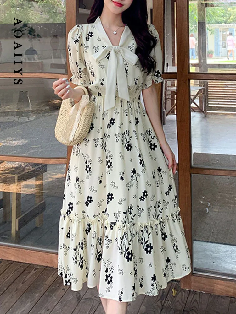 

Женские платья Aoaiiys, лето 2023, облегающее Цветочное платье на шнуровке с V-образным вырезом, платье до середины икры с подкладкой