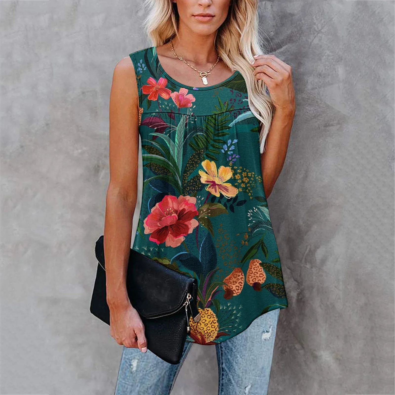 

Новинка 2022, Женский жилет с круглым вырезом, Туника без рукавов с цветочным рисунком, Повседневная Свободная майка, Топ, Женский Топ