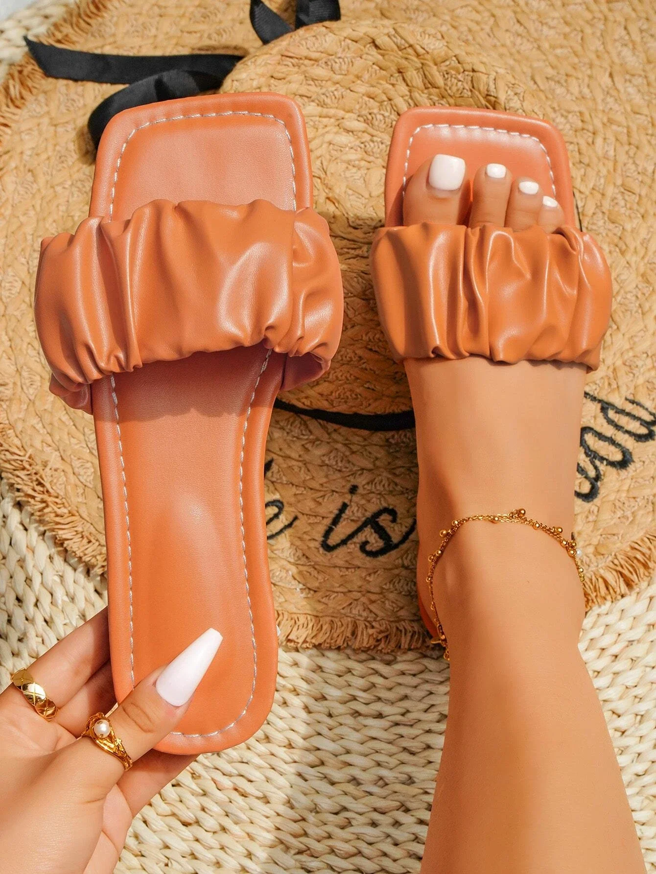 

Ruched Single Band Slide Sandals