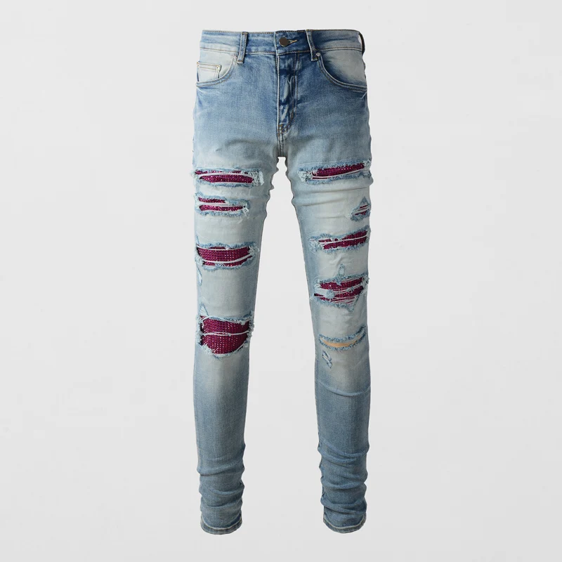 Street Fashion Men Jeans Retro Light Blue Elastic Skinny Ripped Jeans Men Red Beading Patched Designer Hip Hop Brand Pants Homme