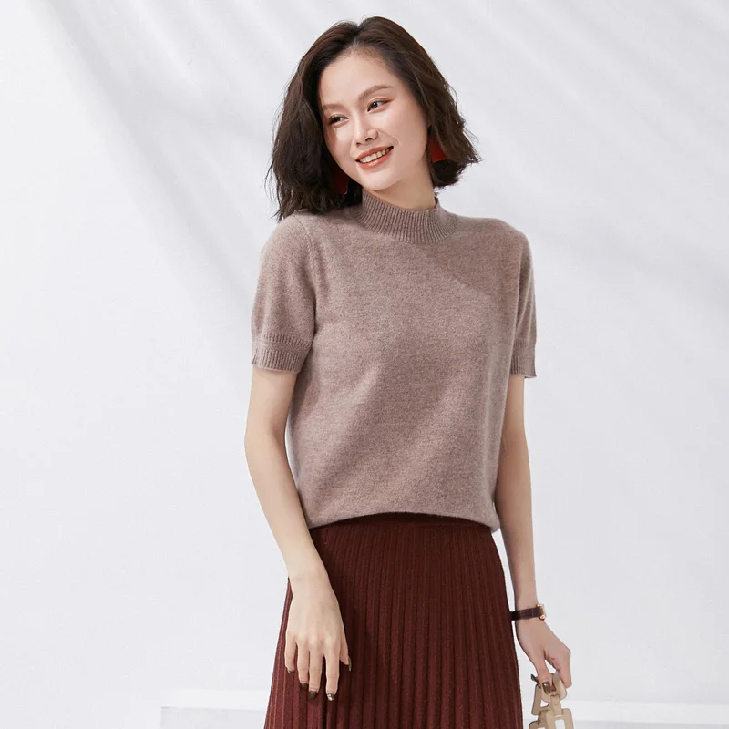 

2022 cashmere sweater women's short sleeve high neck sweater knitted pullover