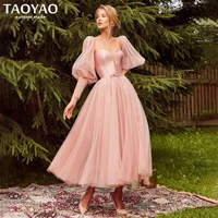 elegant fairy prom dresses 2022 sweetheart puff sleeves bohemian tea length blush pink graduation party dress vestido de noche