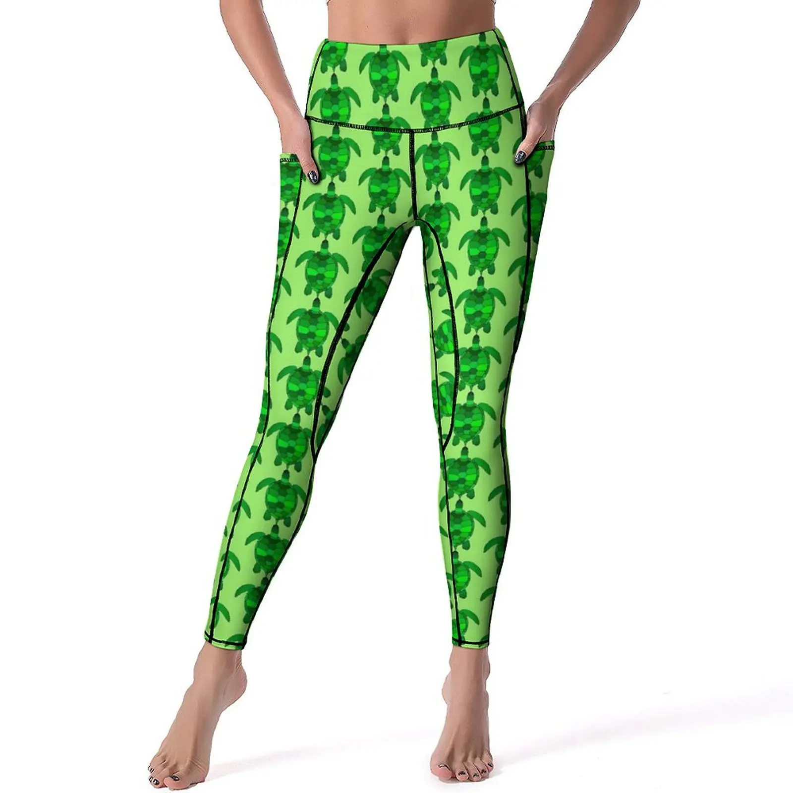 

Green Turtles Leggings Sexy Animal Print Workout Yoga Pants High Waist Stretch Sports Tights Pockets Retro Design Leggins