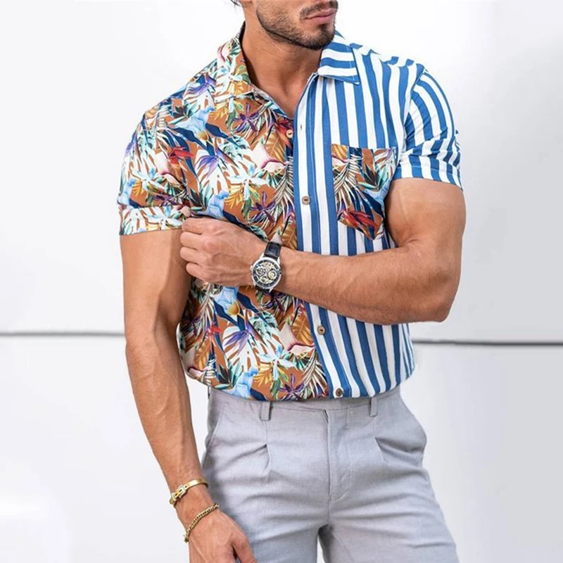 2022Summer thin casual lapel light luxury 3D digital printing shirt trend men's outdoor social cocktail party T-shirt