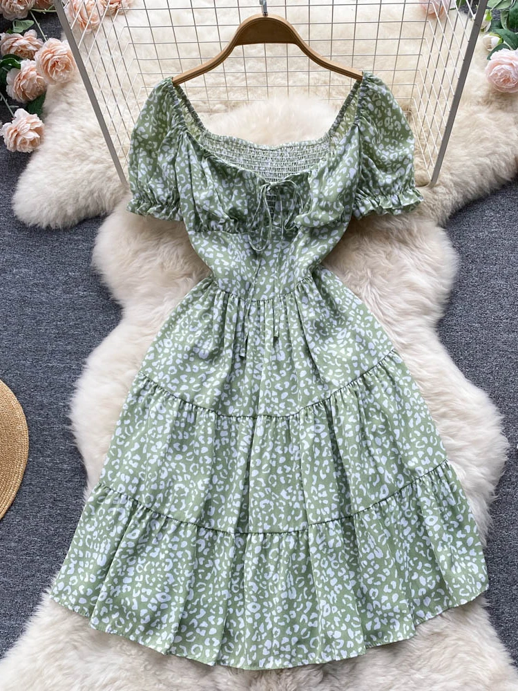 

FTLZZ New Summer Print Short Dress Women Casual Square Collar High Waist A-line Dress Lady Sweet Flora Lace-up Slim Dresses