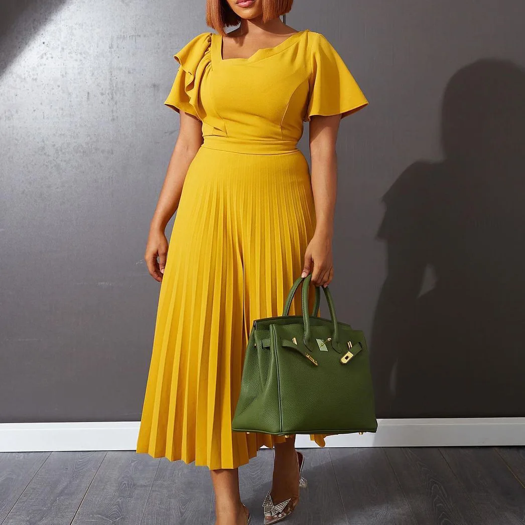 

Elegant Women Green Dress Short Sleeve Ruffles Pleated Midi Dresses Spring Summer Chic Fashion Gowns 2022 Party Birthday Clothes