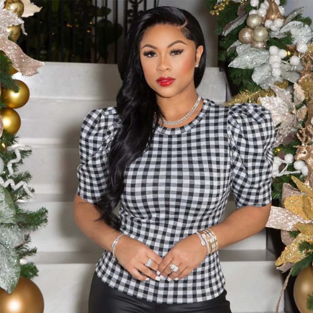 

Women Fashion Blouse Half Sleeve Retro Lattice Patchwork Round Neck Pullover Slim Casual Blouse OL Commuter Summer Ladies Top