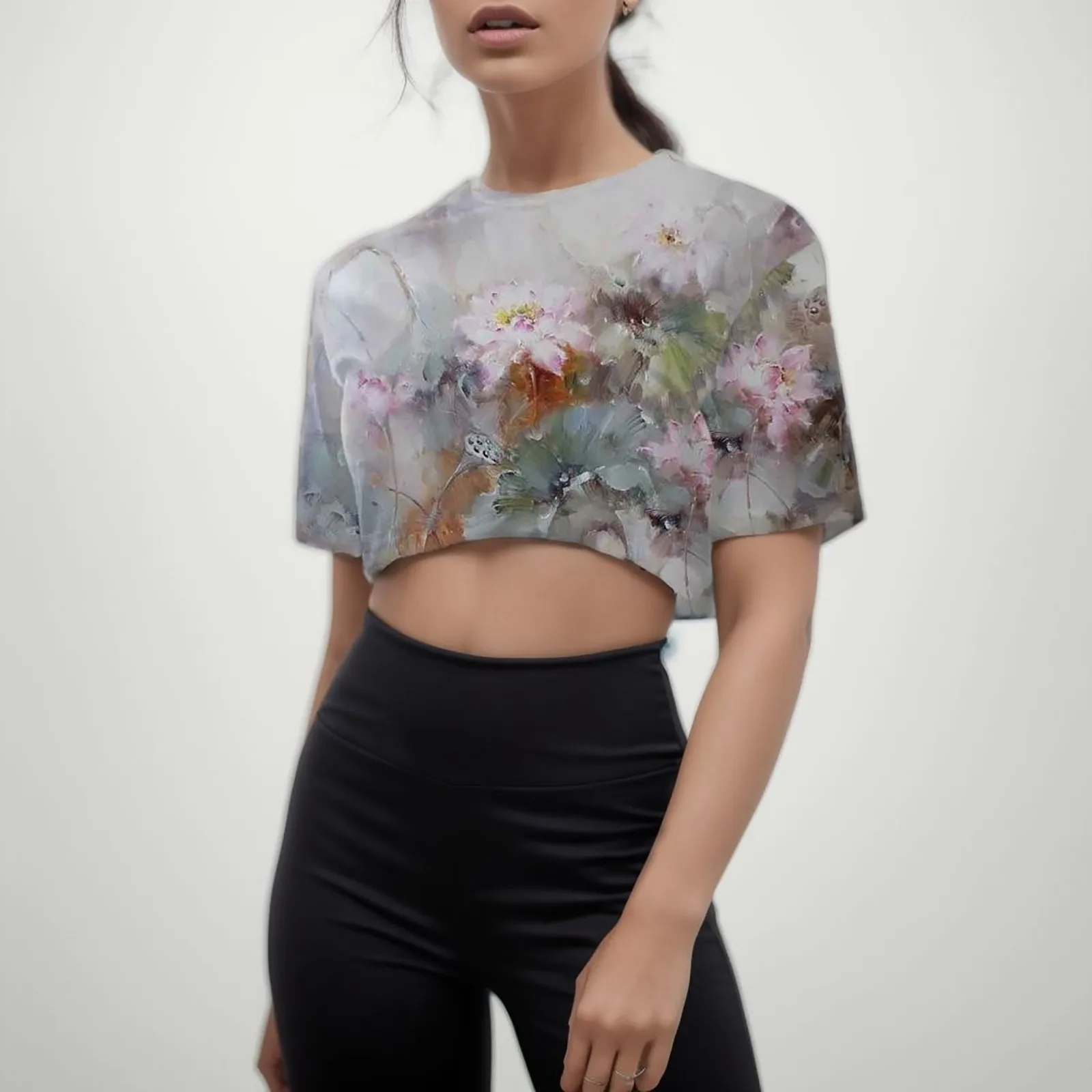 

Artistic Floral Printed Crop Top For Ladies Women Retro Graphic T Shirt Basic Round Neck Short Sleeve Loose T Shirts Summer Fall