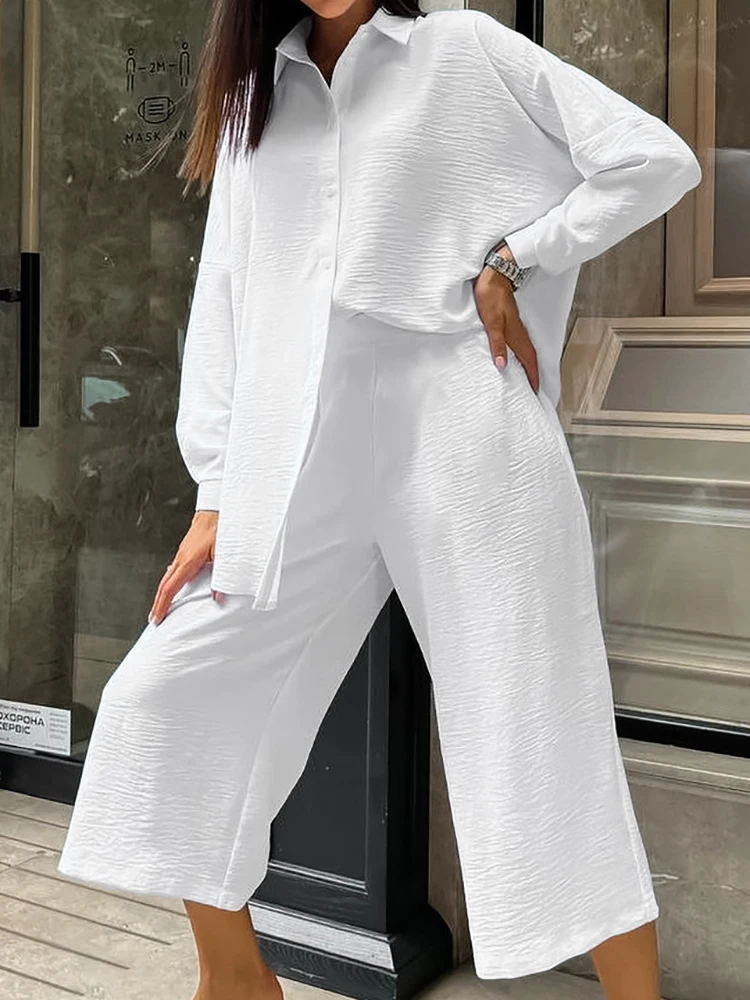 

Linad Loose Pajamas For Women 2 Piece Sets White Long Sleeve Sleepwear Female Casual Trouser Suits 2023 Autumn Solid Homewear