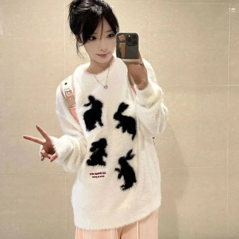 

Hikigawa Chic Fashion Kawaii Rabbit Patchwork Women Sweaters O Neck Long Sleeve Pullovers Sweet Loose All Match Jumpers Women