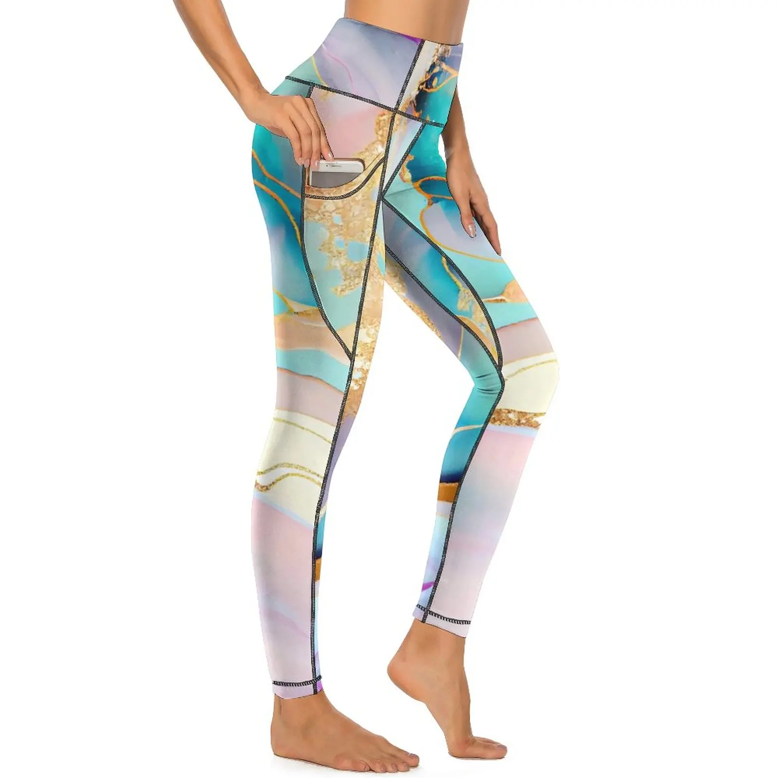 

Женские сексуальные абстрактные блестящие художественные штаны для фитнеса и йоги эластичные спортивные трико с эффектом пуш-ап элегантные Леггинсы с карманами