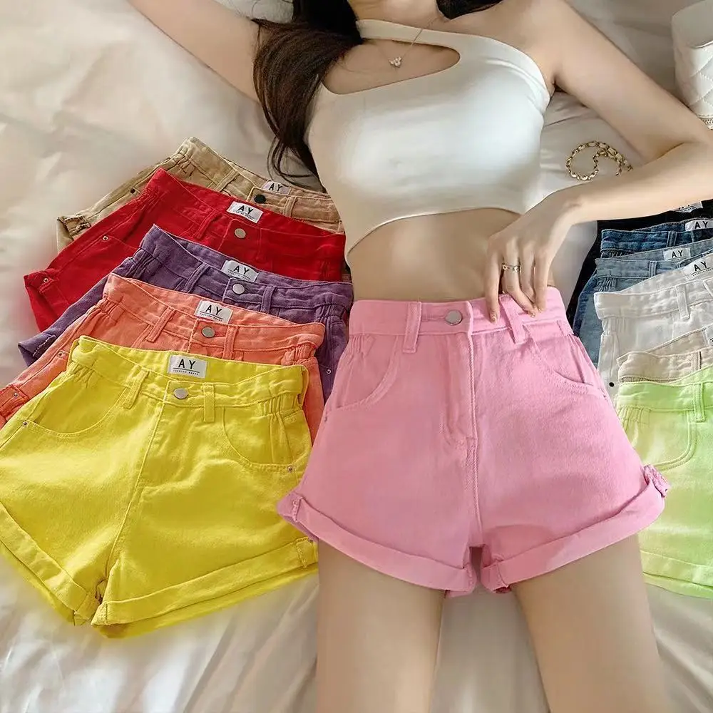 2023Candy Color Denim Shorts Women Summer Pink Sexy High Waist Crimping Jeans Shorts Solid Casual Female Shorts 11 colors choose
