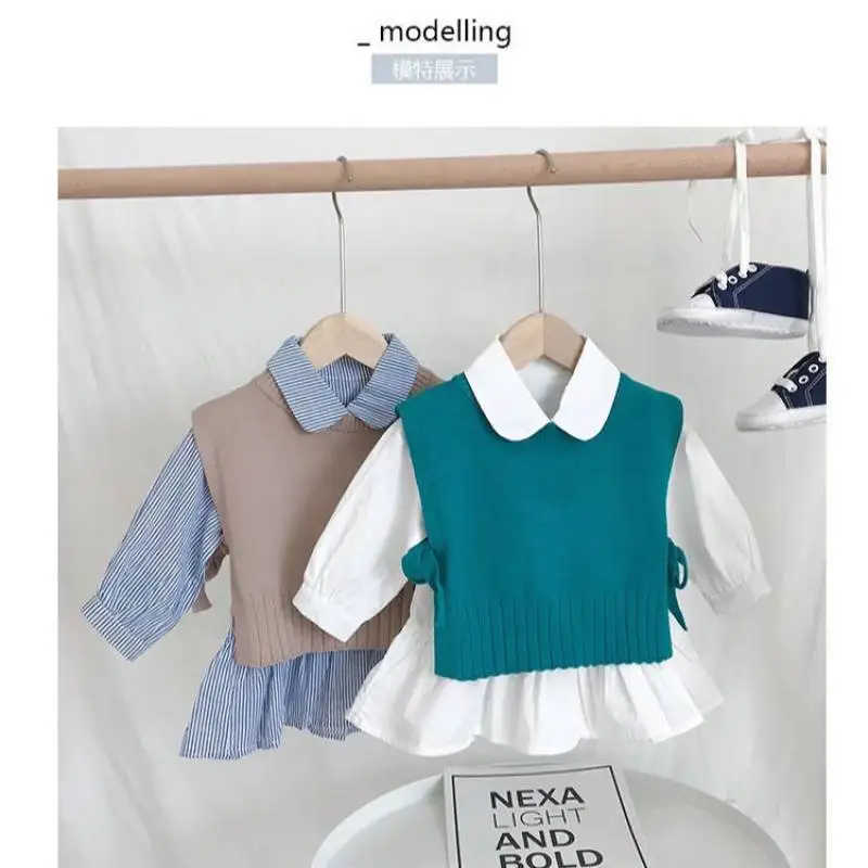 

New Spring and Autumn Toddlers Solid Color O-Neck Ruffled Pullovers Cropped Waistcoat Sweaters Knitted Vest Knitwear Tanks Tops