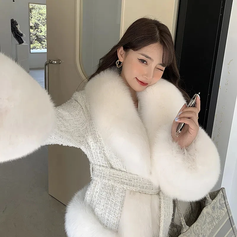 2022 Autumn Winter New Fashion Fox Fur Faux Fur Coat Women's Short Tweed Slim Fit Thin And Thick Warm Temperament Coats Female
