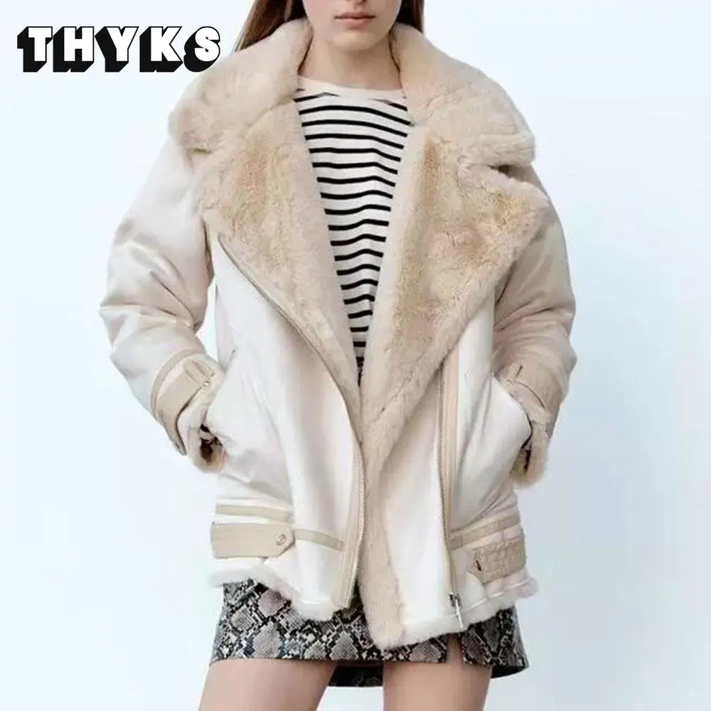 Ladies Winter Thick Warm Coat ZA Lamb Wool European And American Plus Velvet Thick Fashion High Street Motorcycle Jacket Women