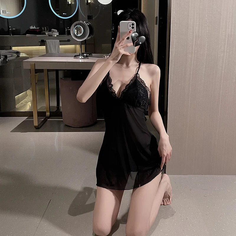

Sexy mesh perspective temptation cross leak back nightdress straps suspender nightdress suit