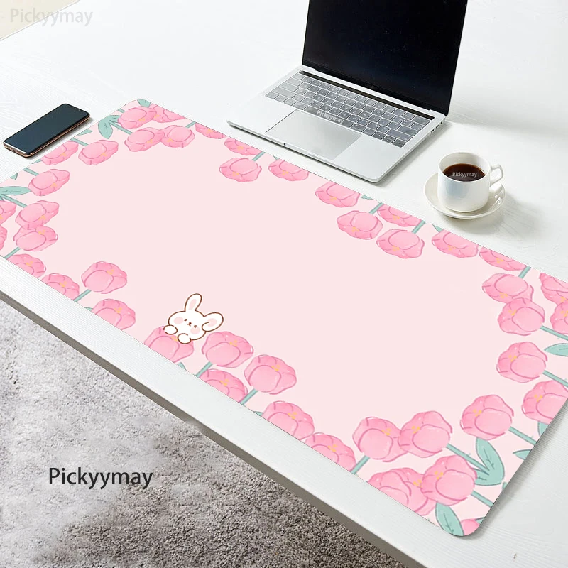 

Pink Flower Mouse Pad Kawaii Rabbit Mousepad Computer Masuepad Keyboard Large Desk Mat Office PC Table Deskmat 100x50 Deskpad