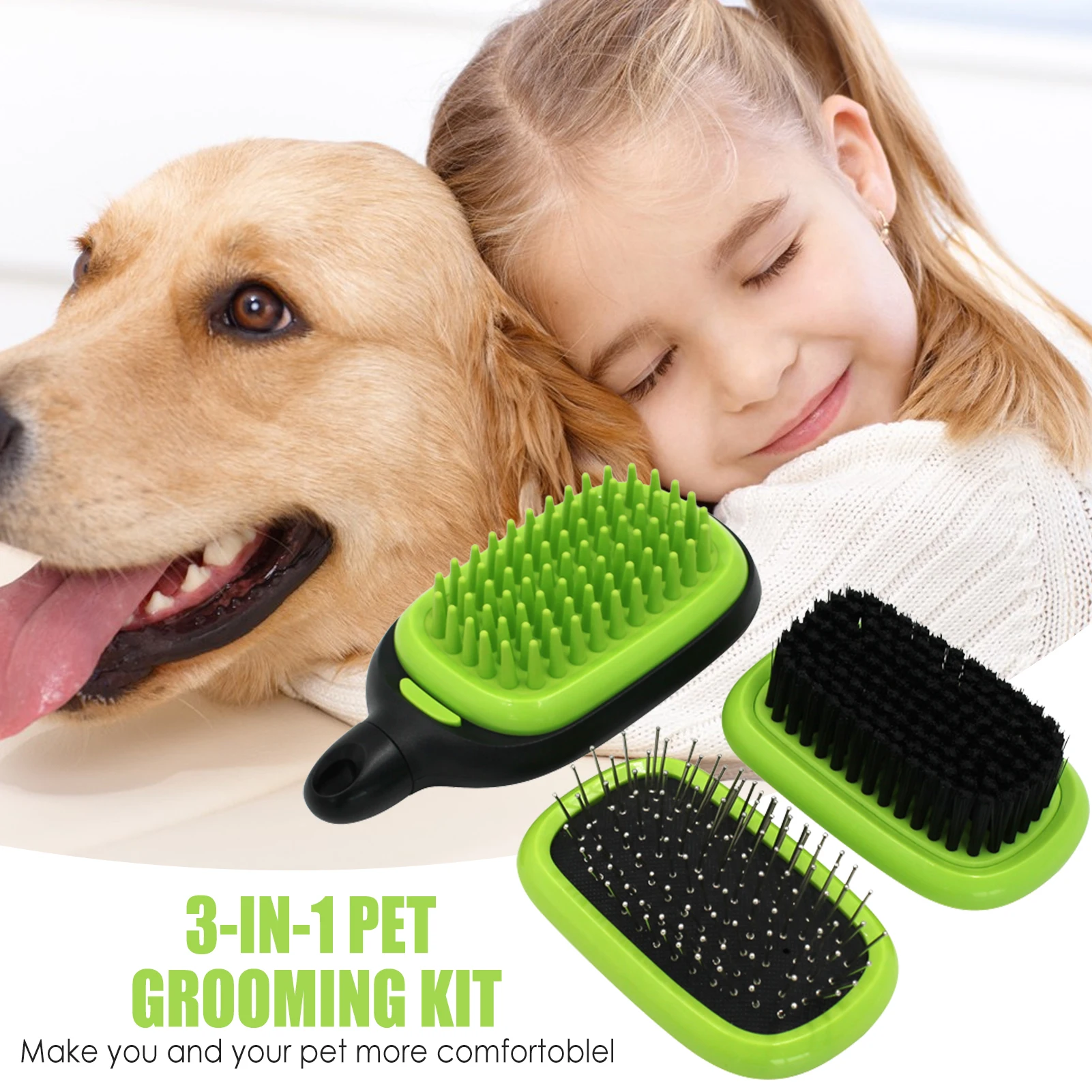 

3 In 1 Dog Grooming Kit Dual Side Detachable Pet Slicker Bristle Pin Hair Brush Deshedding Comb For Dogs Cat Massage
